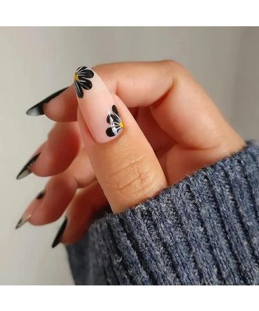 Almond False Nails Short 24Pcs Nude Pink Gradient Press on Nails - French Nail Tips with Nail Glue for Women - Black Flower Design - Buy Online on GoSupps.com