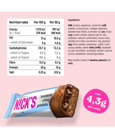 Nicks Keto Protein Bars Brownie | 15g Protein | 188 Calories | Gluten Free | Low Carb Snacks | No Added Sugar | Multipack 12x50g - Brownie 12 Count - Buy Online on GoSupps.com