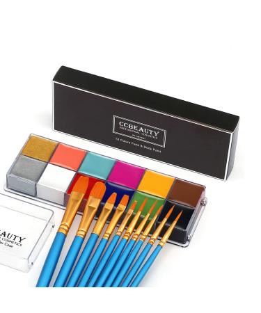 CCbeauty 12 Colors Professional Face Body Paint Makeup Palette Oil Based Cream Hypoallergenic Face Painting Kit for Halloween Costume Fancy SFX Cosplay Makeup with 10 Blue Artist Brushes 01-12 Colours With Blue Brushes - Buy Online on GoSupps.com