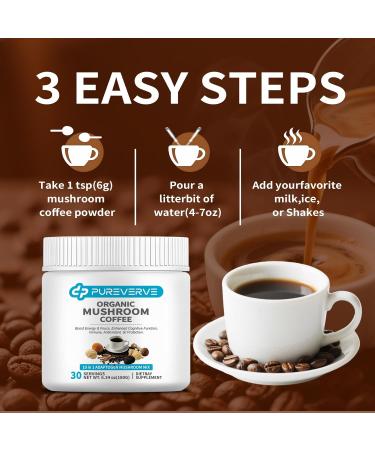 Pureverve Mushroom Coffee Organic10 Mushroom Extract Powder Blend Lion's Mane Reishi Chaga Cordyceps Turkey Tail 30 Servings - Buy Online on GoSupps.com