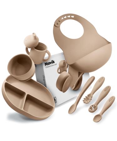 Navik |Baby plate children's plate dishes |With silicone plate baby suction cup |Drinking cup children with handles |Baby spoon |Baby bowl |from 6 months |beige