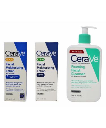 CeraVe Daily Skincare Facial Bundle - Foaming Facial Cleanser (16 oz)  AM Facial Moisturizing Lotion with Sunscreen (3 oz)  and PM Facial Moisturizing Lotion (3 oz)