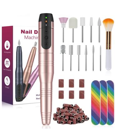 HAPAW Cordless Nail Drill, 11 in 1 Rechargeable Electric Nail Drill Kit Portable Electric Nail File Machine File Kit for Acrylic Gel Nails, Manicure Pedicure Tool Nail Drill Kit for Home & Salon,Gray Rosegold