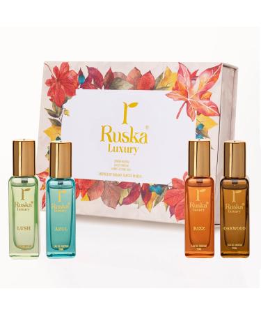Rus.ka Luxury Unisex EDP Perfume Gift Set for Men & Women | 20ml (Pack of 4) with AZUL LUSH RIZZ OAKWOOD perfume | Eau De Parfum For Daily Use | Travel Friendly | Pocket Size