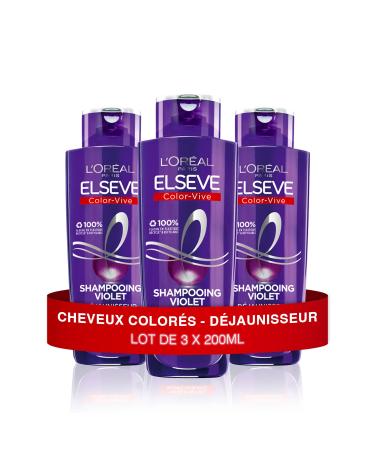L'Or al Paris - Pack of 3 Violet Yellow-Removing Shampoos - For Blonde Bleached Highlighted or White Hair - Neutralizes Yellow & Orange Highlights - Elseve Color-Vive - 3x 200 ml