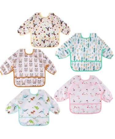 Lictin Baby Bibs with Sleeves 5 Pcs Waterproof Long Sleeve Bib Unisex Feeding Bibs Apron for Infant Toddler 6 Months and Up 2-5 Years Multicolor