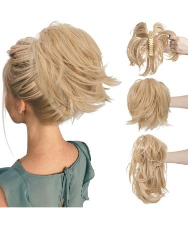 CJL HAIR Claw Clip Short Ponytail Hair Extensions Bendable Metals Messy Bun Hair piece Straight Fake Hairpieces Light Blonde 8 inch