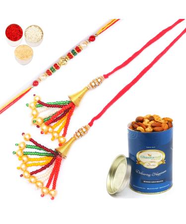 Ghasitaram Gifts Rakhis Online - Rakhi for Brother- Coloured Beads Bhaiya Bhabhi Rakhi with 100 GMS of Dryfruits Mix Can Rakhi Set with 100 gms of Dryfruits Mix Can
