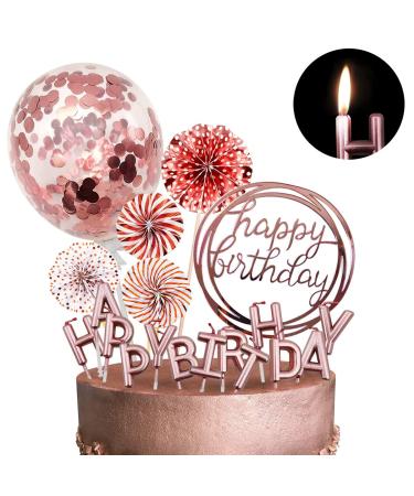 MOVINPE Rose Gold Cake Topper Decoration with Happy Birthday Candles Happy Birthday Banner Confetti Balloon Paper Fans For Rose Gold Theme Party Decor Girl Women Birthday Party