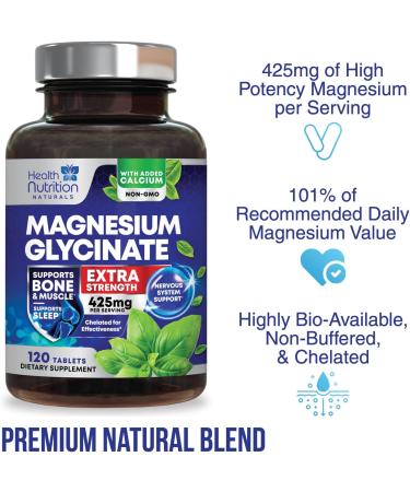 Extra Strength Magnesium Glycinate 425mg with Calcium - 120 Tablets | Bone, Heart & Muscle Health Support | Non-GMO Vegan Gluten Free - Buy Online on GoSupps.com