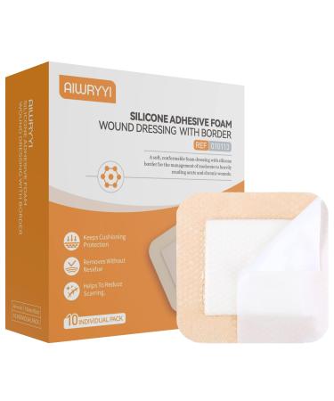 Silicone Adhesive Foam Wound Dressing with Border 4 X 4(10 Individual Pack) Sterile 5-Layer Excellent Breathability Gel Pad for Pressure Ulcer Leg Ulcer Diabetic Foot Ulcer by Aiwryyi