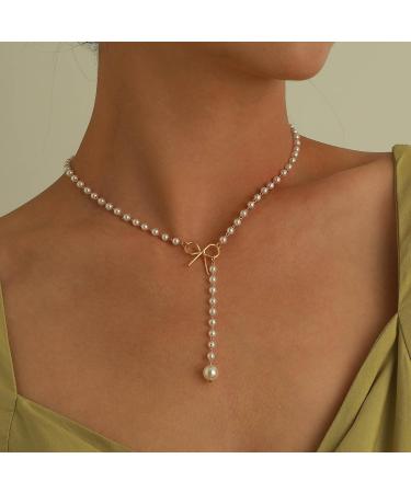 OralGos Elegant Bow Tassel Pendant Necklace | Cute Pearl Choker | Simple Silver Clavicle Chain Fashion Jewelry - International Shipping Available - Buy Online on GoSupps.com