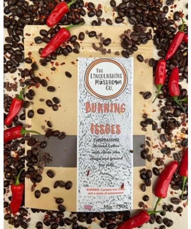 Adaptogenic Mushroom Coffee Made With Chaga Hot Chilli and Cacao -Burning Issues- (Inonotus Obliquus). 150g Bag- The Lincolnshire Mushroom Co. - Buy Online on GoSupps.com