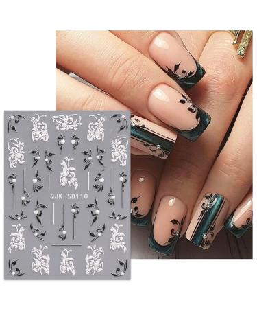 JMEOWIO 3D Flower Nail Art Stickers | Black & White Self-Adhesive Decals | 4 Sheets of 5D Lace & Leaves Design Accessories - Buy Online on GoSupps.com