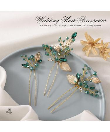 Latious Vintage Gold Emerald Green Crystal Wedding Bride Leaf Hair Pins - Pack of 3 | Rhinestones Hair Clips for Women and Girls - Buy Online on GoSupps.com