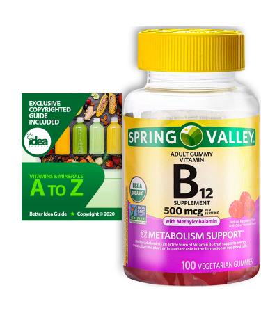 Vitamin B12 Organic Vegetarian Gummies Metabolism Support with Methylcobalamin by Spring Valley 500 mcg 100 Ct Bundle with Exclusive Vitamins & Minerals - A to Z - Better Idea Guide (2 Items) 100 Count (Pack of 1)