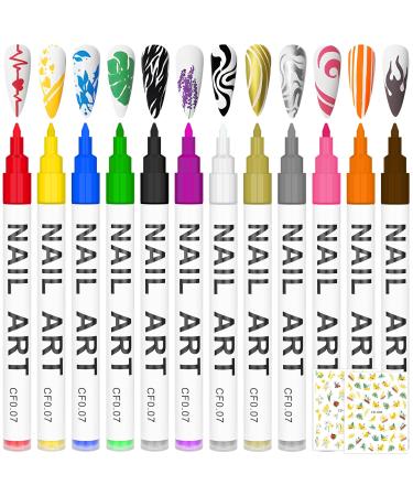 12pcs 3D Nail Art Pens Set Fine Tip Nail Polish Pens Nail Point Graffiti Dotting Pen Nail Varnish Pens with 2 pcs Floral stickers for Line DIY Nail Art Beauty Adorn Manicure Tools(12 Colors)