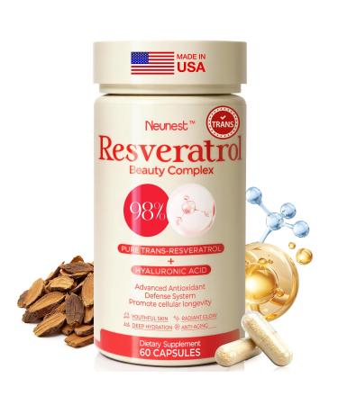 NEUNEST Resveratrol Supplement 98% High Purity Trans-Resveratrol Complex with Collagen Peptides & Hyaluronic Acid Quercetin Antioxidant Support for Skin & Beauty Immune Health Gluten-Free 60 Capsules
