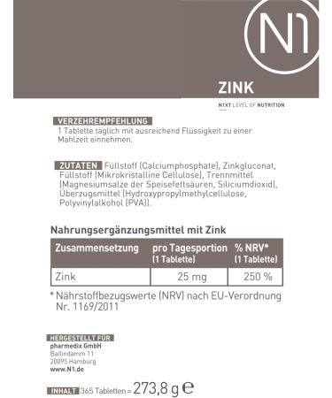 N1 Zinc Tablets 25mg - 3x365 Vegan High Dose for Immune Support - Annual Supply Best Bioavailability - 1095 Pieces (1 Pack) - Buy Online on GoSupps.com