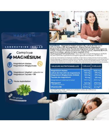 Inolab Synergy 4 Magnesium 1980mg/day & B6 | Bisglycinate + Malate + Organic Plant + Chelated Taurine | 300mg Pure Mg per day | Tolerance and Assimilation Superior to Marine Mg | Premium Quality - Buy Online on GoSupps.com
