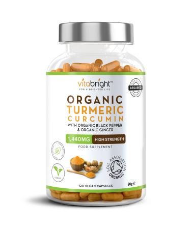 Organic Turmeric Curcumin - High Strength - 1440mg Per Serving - with Organic Black Pepper & Organic Ginger - Soil Association Certified Organic - 120 Vegan Capsules - Made in UK by VitaBright 120 Count (Pack of 1)