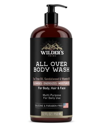 Wilder's Prime Mens Body Wash - Tea Tree Oil  Sandalwood & Vitamin B5 3-in-1 All Over Shower Gel - Body  Hair & Face Cleanser - Moisturizes & Energizes - Made in USA - Daily Skin Care - 32 oz 32 Fl Oz (Pack of 1)