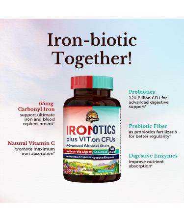 Vitalitown Probiotic + Iron Supplement Bundle | Probiotics 120 Billion (Item 1) & 65mg Iron Suplement (Item 2) | Gut Bone Muscle Blood Building Energy | Vegan | 30 Capsules & 60 Tablets - Buy Online on GoSupps.com