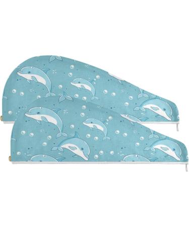 Little Blue Dolphins Hair Towel 2 Pack - Super Absorbent Quick Dry Hair Turbans for Women & Girls - Buy Online on GoSupps.com