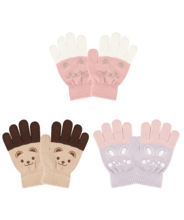QKURT 3 Pairs Kids Winter Knit Gloves Children Warm Cute Full-finger Stretch Gripper Magic Gloves for Baby Boys and Girls Age 4-9
