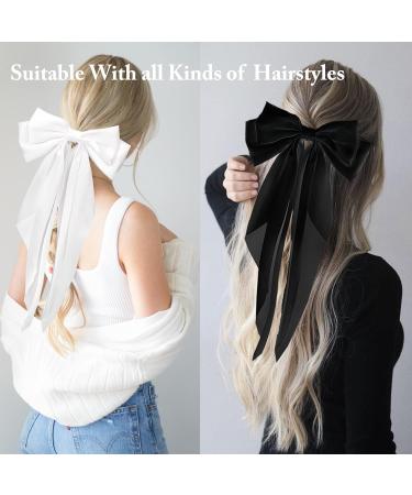 2 Pcs Big Hair bow Hair Bows for Women Bow Hair Clip Elegant Solid Color French Barrette Bows For Hair With Long Silky Satin Hair Barrettes Accessories Bow Hair Clips for Women Girl(Black+White) - Buy Online on GoSupps.com
