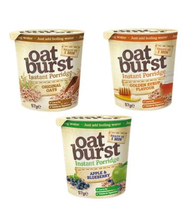 Oatburst Instant Porridge Pick N Mix - Choose From Pots with 3 Flavours | Apple & Blueberry Golden Syrup Flavour Original Oats | Low in Fat & Suitable for Vegetarians | Pack of 12 x 57g (4 of Each)