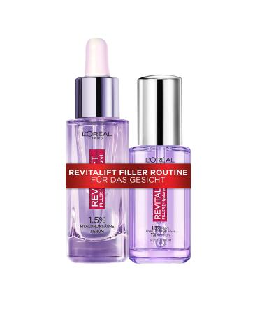 L'Or al paris facial care set anti-aging facial serum and eye serum with 1.5% pure hyaluronic acid vitamin C and caffeine anti-fold routine for every skin Revitalift Filler 2-part facial care set: anti-aging facial serum and eye serum