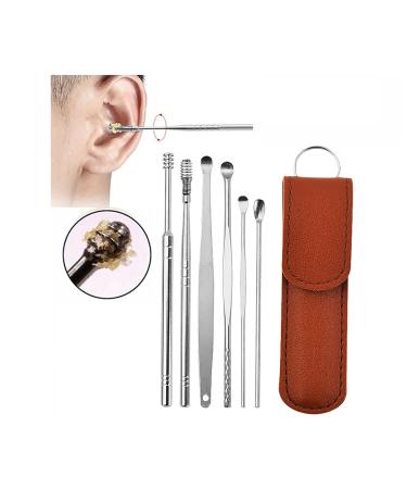 6-in-1 Earwax Removal Kit Innovative Spring Earwax Cleaner Tool Set Reusable Ear Cleaner for Children and Adults Portable Ear Cleaning Kit for Home and Travel with PU Leather Case (Brown)