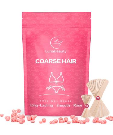 Hard Wax Beads for Hair Removal, LunaBeauty 500g / 17.64 oz Wax Beans with 20 Sticks, Brazilian Wax Beads Waxing At Home For Women Rose Bikini Wax Targets Coarse Hair, 1.1 Pound (Pack of 1) A-Rose 1.1lb