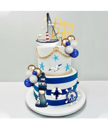 DRWATE Nautical Cake Topper Ship Lighthouse Blue White ball Cake Toppers Seagulls Anchor Rudder Cake Decorations for Nautical Theme Party Birthday Party Summer Ship Party Supplies (Style 01) - Buy Online on GoSupps.com
