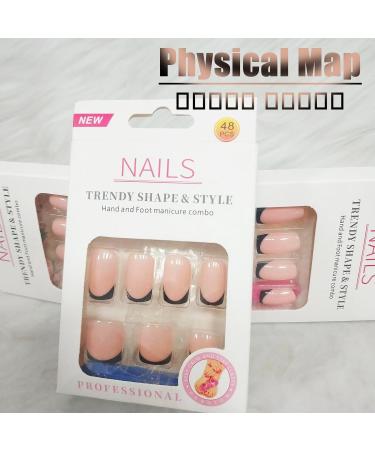48Pcs Black French Tips Press On Nails & Toes - Glossy Nude Medium Acrylic Fake Nails for Coquette Women | Manicure Art Gel Glue Included - Buy Online on GoSupps.com