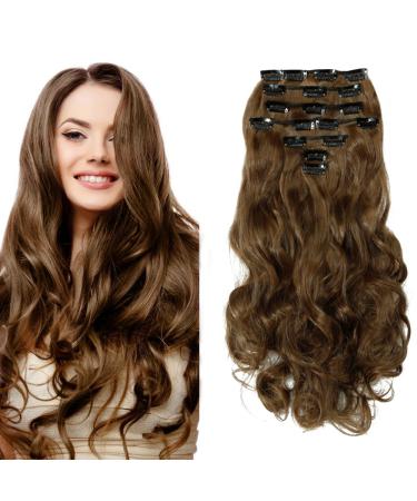Light Brown Clip in Hair Extensions 8 Pieces Curly Full Head Hair Pieces 17" Inch Synthetic Fibre Hair Set Clip In Hair Extension