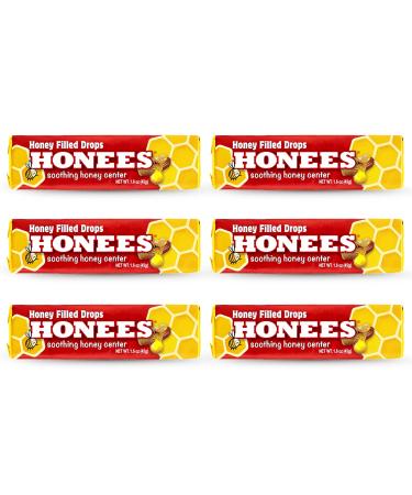 Honees Honey Filled Drops, Honey Cough Drops with Real Honey-Natural Sore Throat Relief-Nothing Artificial-Throat Coat Lozenges, Natural Cough Suppressant, Non-GMO (6 Pack 54 Drops) Honey 6 Pack-54 Drops