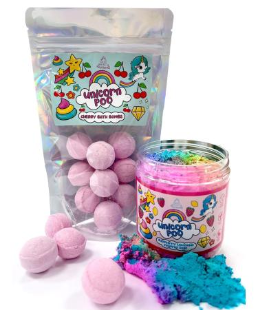 Unicorn Poo Double Pack. 12 Mini Cherry Scented Bath Bombs and Raspberry Lemonade Scented Whipped Soap. Birthday Gift for Girls Kids Bath Set. Kids Soap. Unicorn Poo Gift Set With Whipped Soap