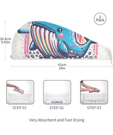 Whale Rainbow Waves Hair Towel 2 Pack - Super Absorbent Quick Dry Hair Turbans with Button Wrap for Women & Girls - Buy Online on GoSupps.com
