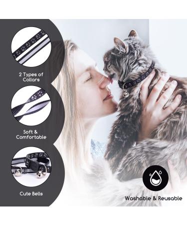 Nobleza 2-Pack Kitten Collar with Bell | Breakaway Cat Collars | Reflective & Adjustable | Safe Quick Release Buckle | Paw Print & Stripe Design | Black - Buy Online on GoSupps.com