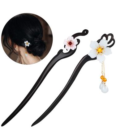 2 Pieces Chinese Japanese Style Hair Sticks Flower Wooden Hair Chopsticks Retro Flower Decor with Tassel Wooden Handmade Hairpin Hair Accessories for Women Girls Long Hair