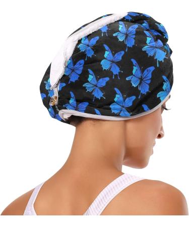 Blue Butterfly Black Hair Towel 2 Pack - Super Absorbent Quick Dry Hair Turbans for Women & Girls - Buy Online on GoSupps.com