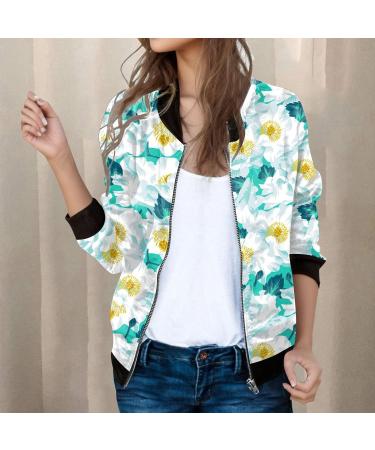 Women's Light Bomber Jacket - Floral Pattern Casual Aviator Zipper Summer Outwear - Mint Green College Jacket - Buy Online on GoSupps.com