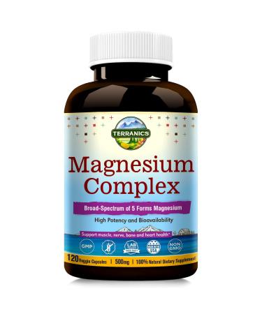 Terranics Magnesium Complex 500mg 120 Veg Capsules Chelated for Max Absorption Support Heart Mood Sleep Muscle Health
