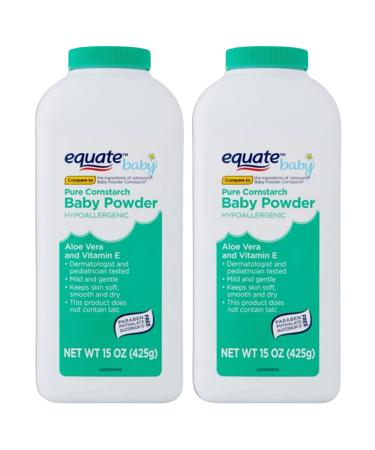 Pure Cornstarch Baby Powder Bundle. Includes Two 15oz Canisters of Equate Hypoallergenic Pure Cornstarch Baby Powder with Aloe Vera and Vitamin E Plus a Carefree Caribou Pink Compressed Facial Sponge!
