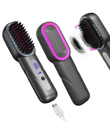 Cordless Hair Straightener Brush - Portable Heated Straightening Brush for Travel Party Mini Ionic Hot Comb Straightener for Women Black