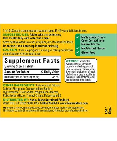 Nature Made Iron 65 mg Dietary Supplement for Red Blood Cell Support - 180 Tablets - Buy Online on GoSupps.com
