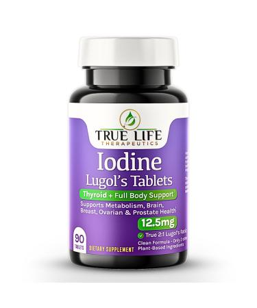 Lugol's Iodine Tablets 12.5mg x 90 ct - Reddish Brown Stable Iodine + Potassium Iodide Formula Masks Bitter Liquid Taste Thyroid Support Detox Breast Health - No Preservative Non-GMO Gluten-free