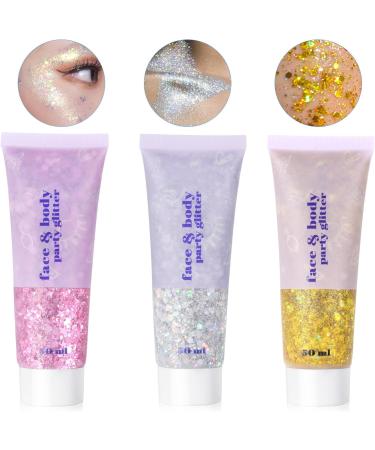 URAQT Body Glitter Gel 3Pcs Set - Holographic Mermaid Sequins Face & Body Glitter - Sparkling Festival Party Lotion - Silver, Gold, Pink - 50ml - Buy Online on GoSupps.com